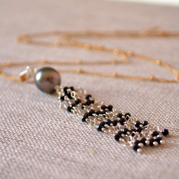 Tahitian Pearl Necklace with Black Gemstone Tassel in Gold and Silver - Picture 4 of 6